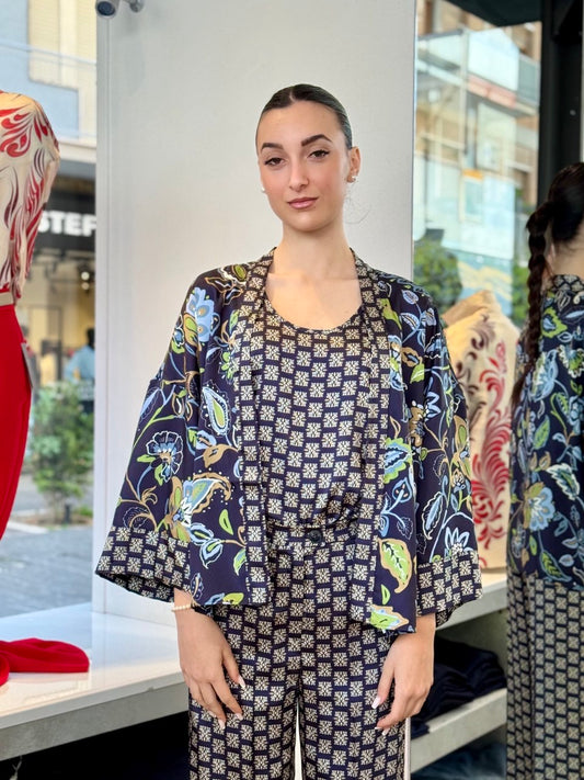 Giacca Kimono corto con Top in twill stampato blu