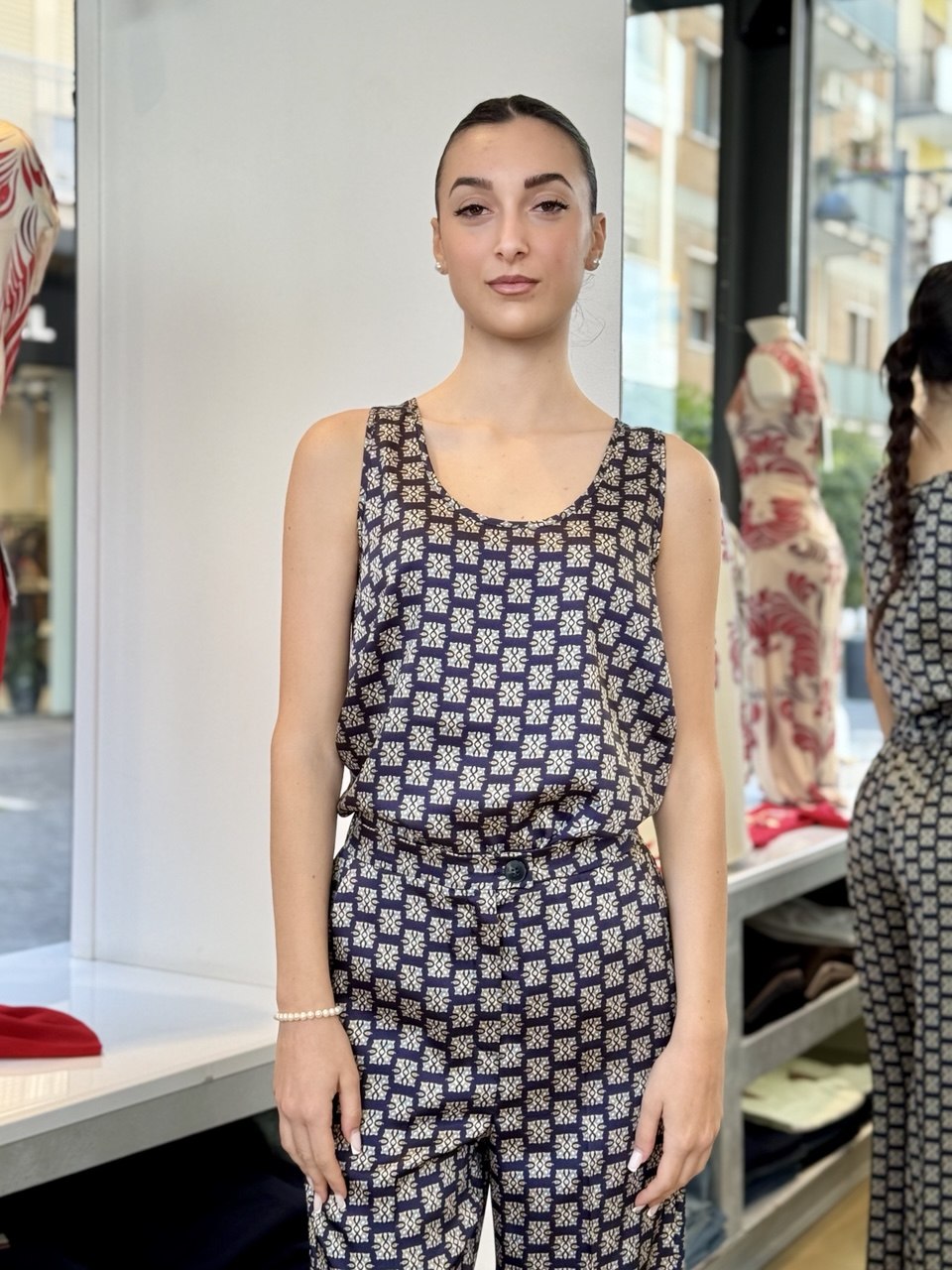 Giacca fluida con Top in twill stampato blu