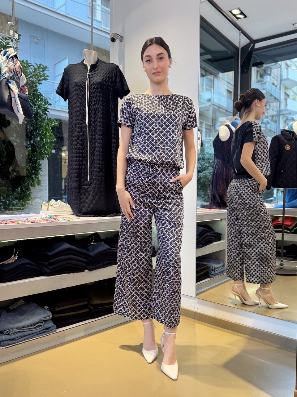 Blue and White Printed Twill Trousers