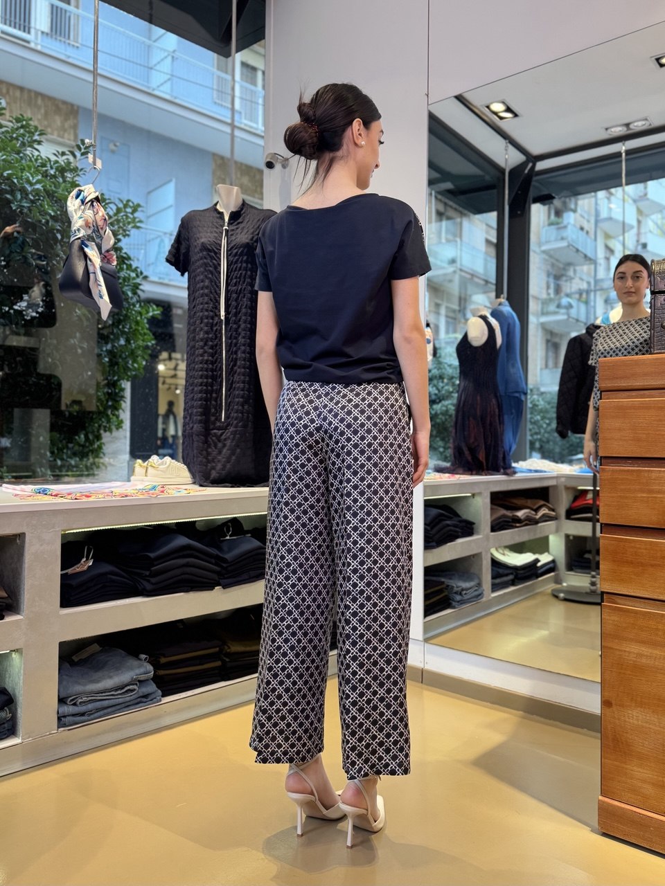 Blue and White Printed Twill Trousers