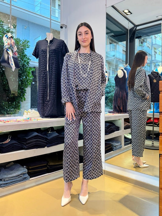 Blue and White Printed Twill Jacket and Blouse