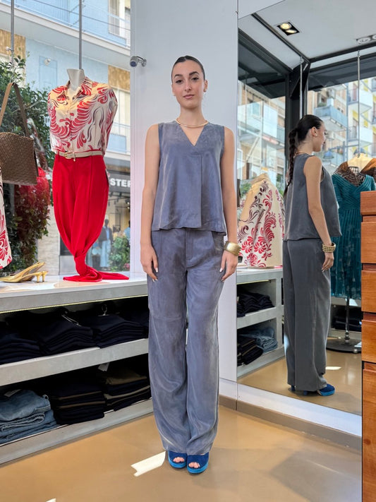 Completo Pantalone in tessuto effetto mano pesca - Grigio, Cammello