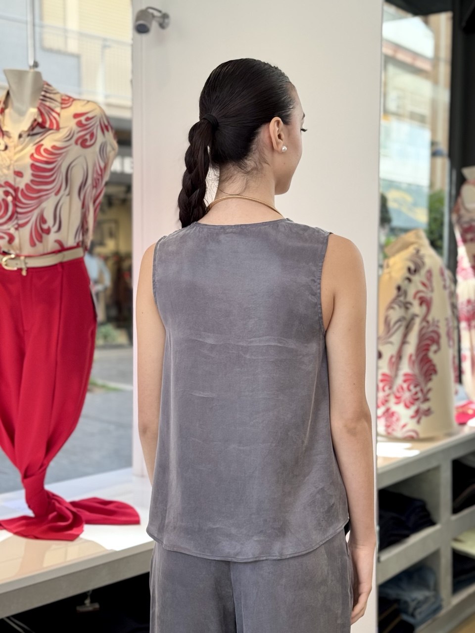 Completo Pantalone in tessuto effetto mano pesca - Grigio, Cammello