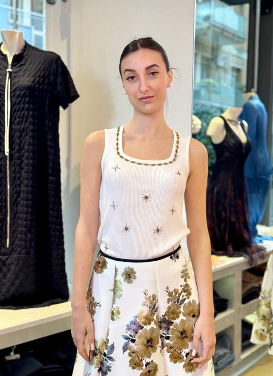 Ribbed Top with Jewel Embroidery - White, Black, Beige