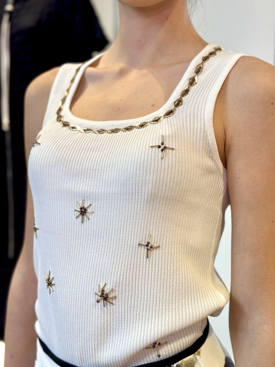 Ribbed Top with Jewel Embroidery - White, Black, Beige