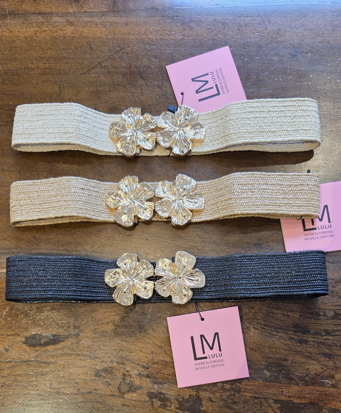 Cintura Elastica in Raffia "Flower Jewel" – Nera, Panna, Beige