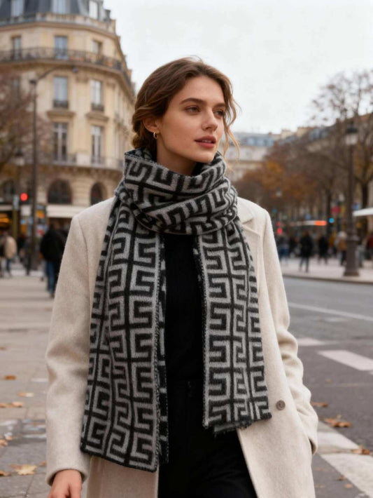 Sciarpa in misto lana con stampa geometrica - Grigia, Marrone o Tortora