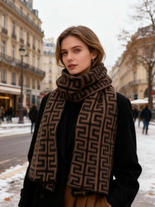 Sciarpa in misto lana con stampa geometrica - Grigia, Marrone o Tortora