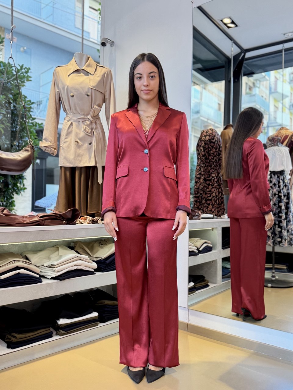 Tailleur pantalone in raso bordeaux - 3 pezzi