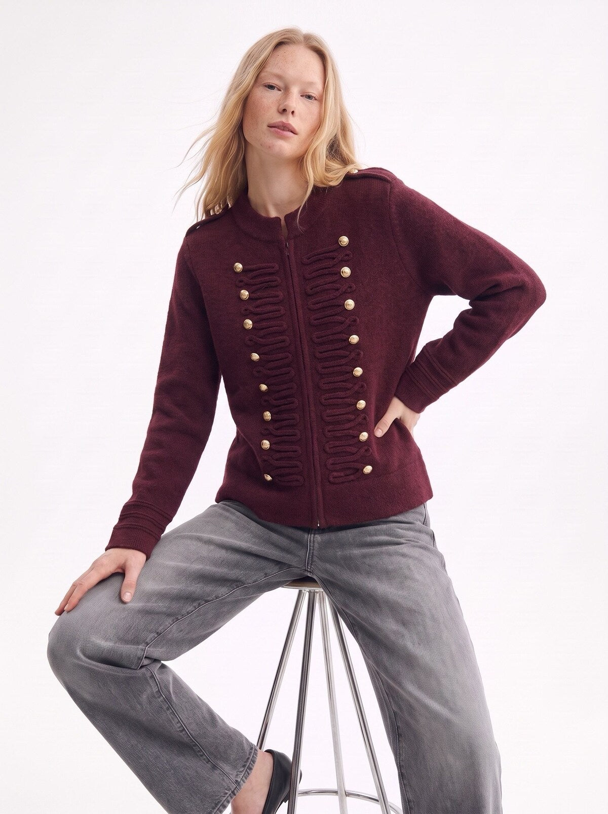 Cardigan in Maglia con Zip, Stile Militare
