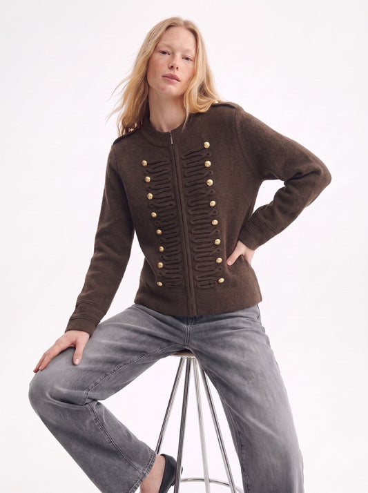 Cardigan in Maglia con Zip, Stile Militare