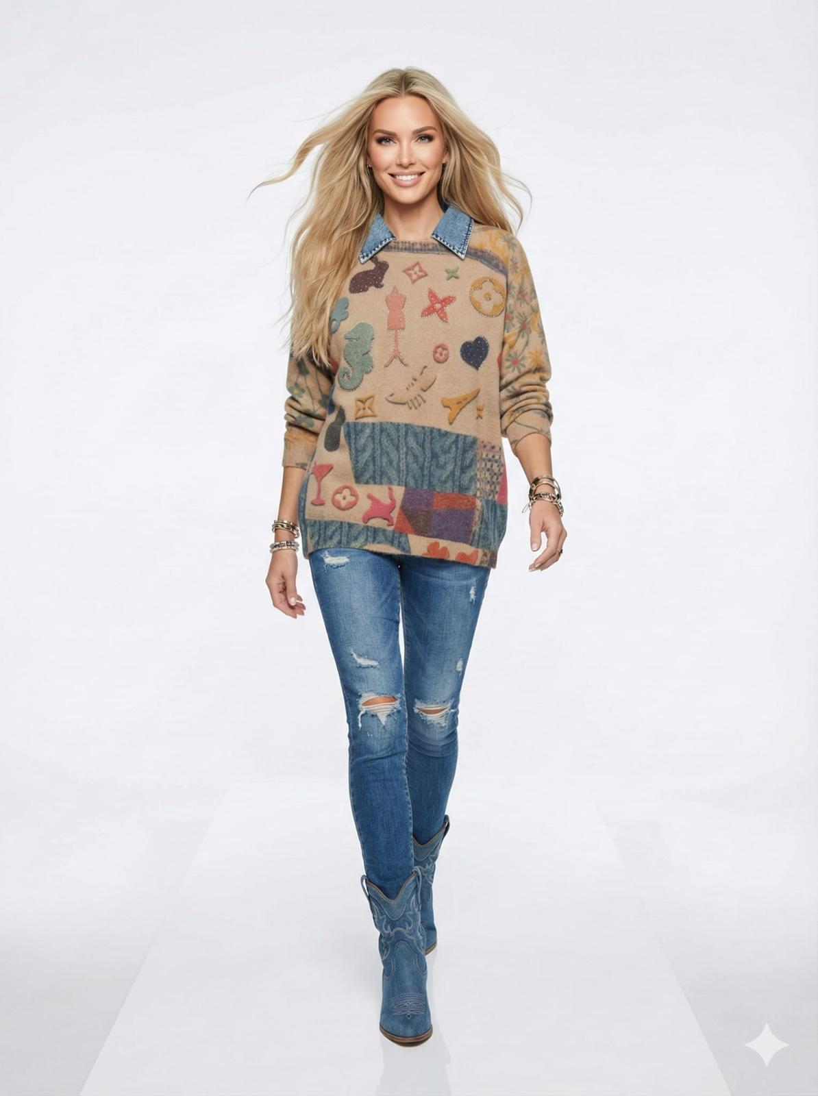 Maglia Stampa Couture con Colletto Denim Staccabile- Bianca o Cammello