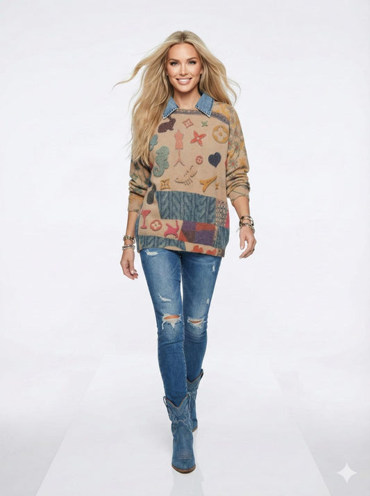 Maglia Stampa Couture con Colletto Denim Staccabile- Bianca o Cammello