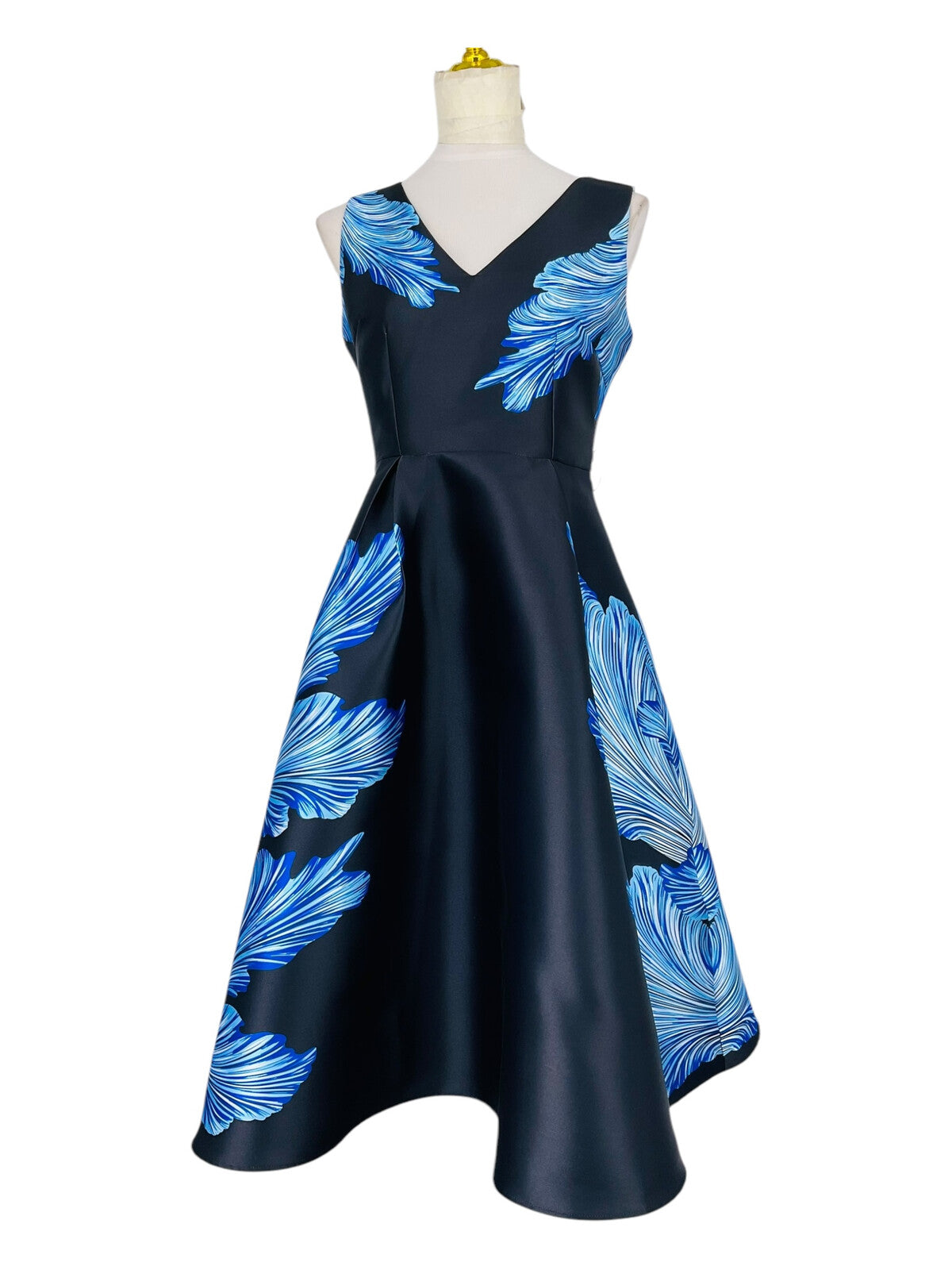 Abito Midi Blu Navy con Stampa Foglie Blu in Tessuto Lucido Sostenuto