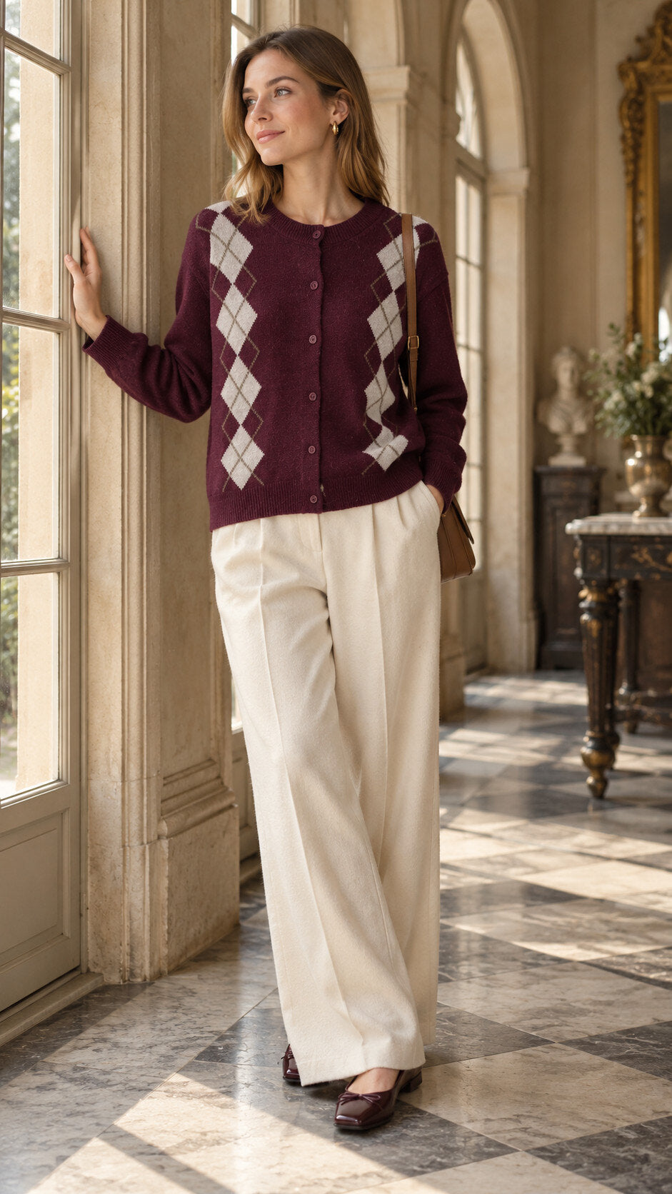 Cardigan a Rombi con Scollo Tondo - Bordeaux, Grigio, Cammello, Nero