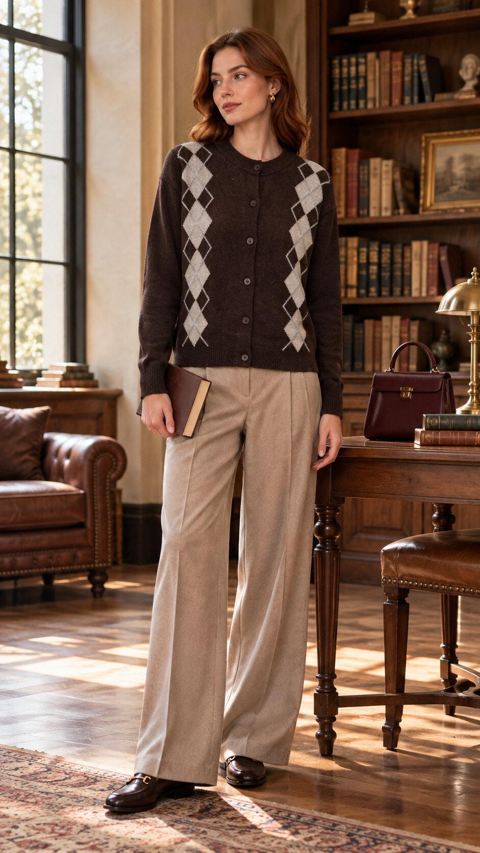 Cardigan a Rombi con Scollo Tondo - Bordeaux, Grigio, Cammello, Nero