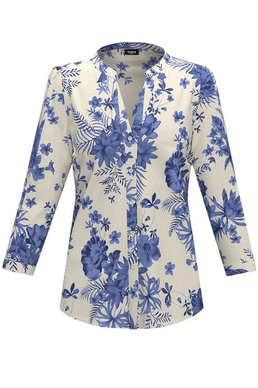 Camicia con stampa floreale blu in mussola di cotone