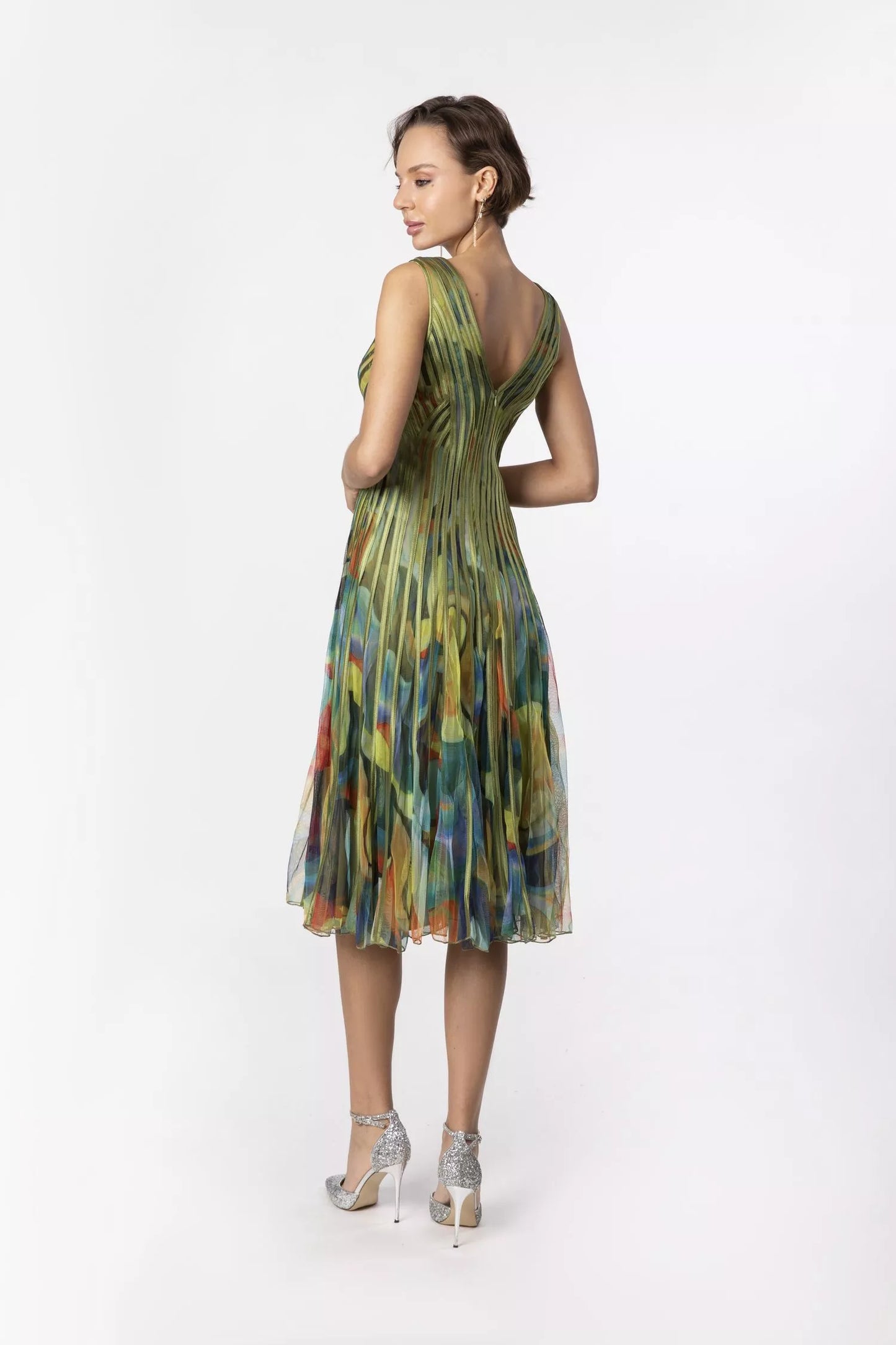 Abito in Tulle con scollo a v e profili in raso - Verde Dorato