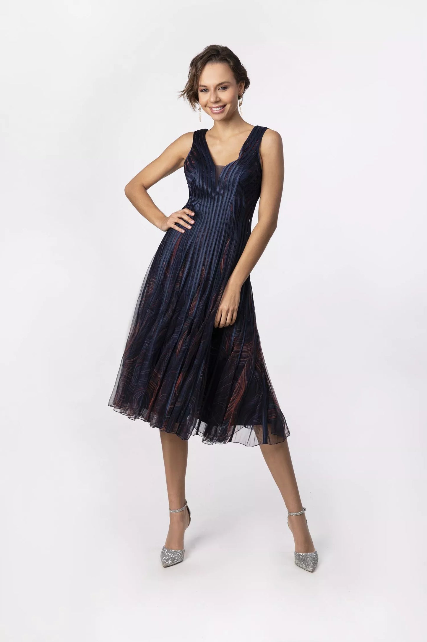 Abito Blu in Tulle e Raso con scollo a v