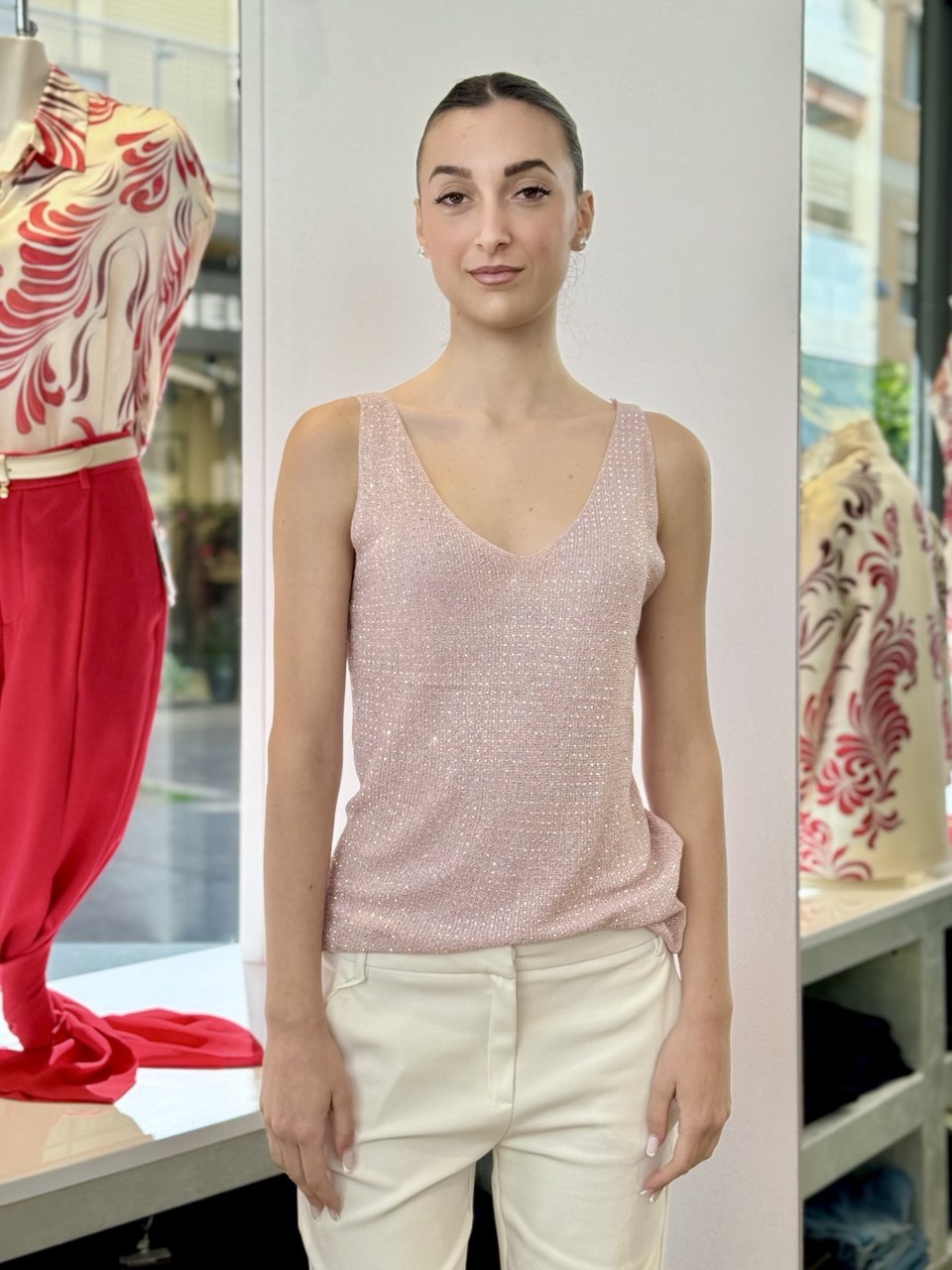 Top in Maglia con Micro-Studs Luminosi - Dorato, Argentato, Celeste, Fucsia, Rosa, Nero, Taupe