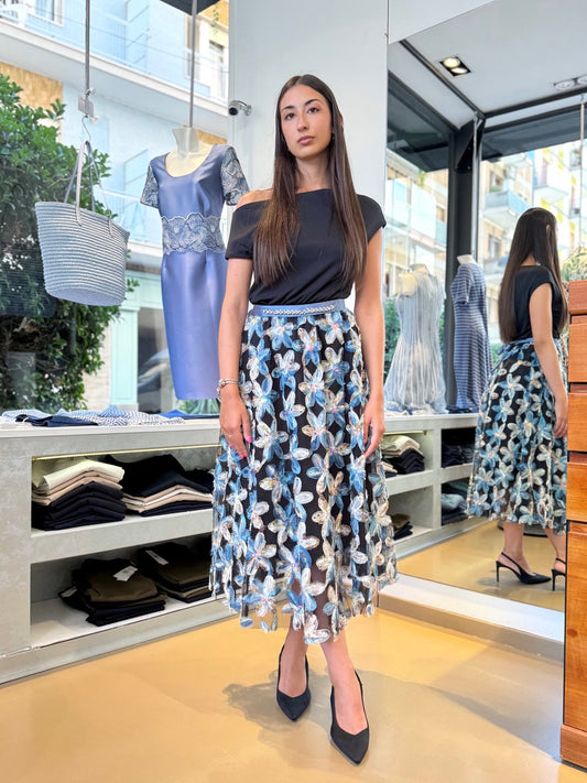 Gonna in Tulle con Fiori Applicati