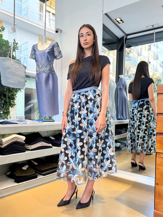Gonna in Tulle con Fiori Applicati