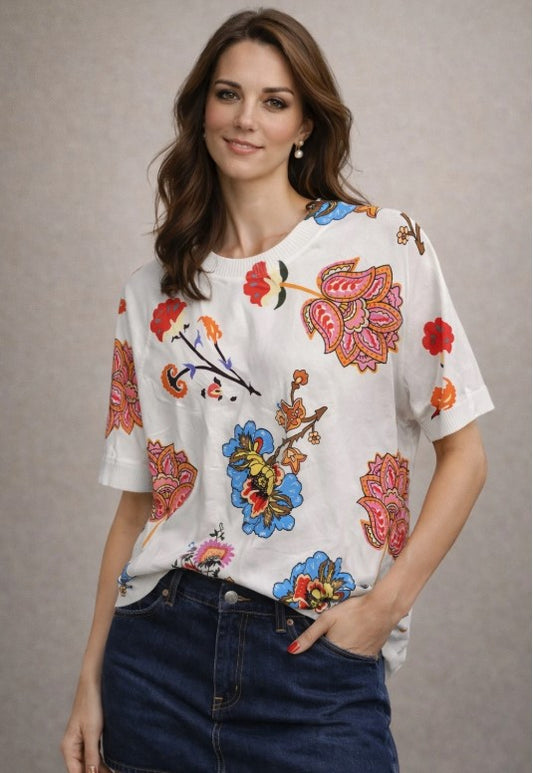 Knitted T-Shirt with Colorful Floral Print