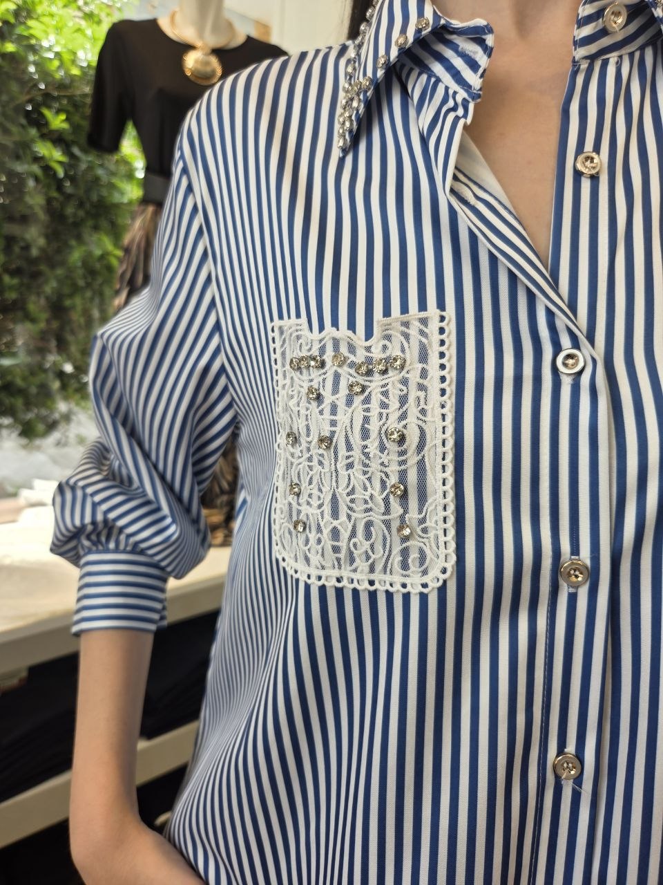Abito Chemisier Maxi a Righe con Taschino in Pizzo