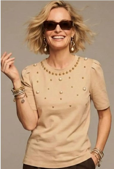 T-Shirt con Borchiette - Beige, Marrone, Nera
