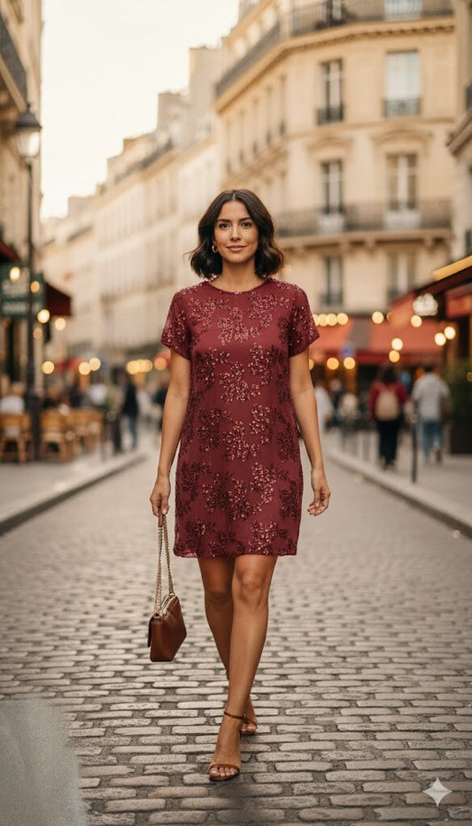Abito ricamato con maniche corte - Bordeaux o Tortora