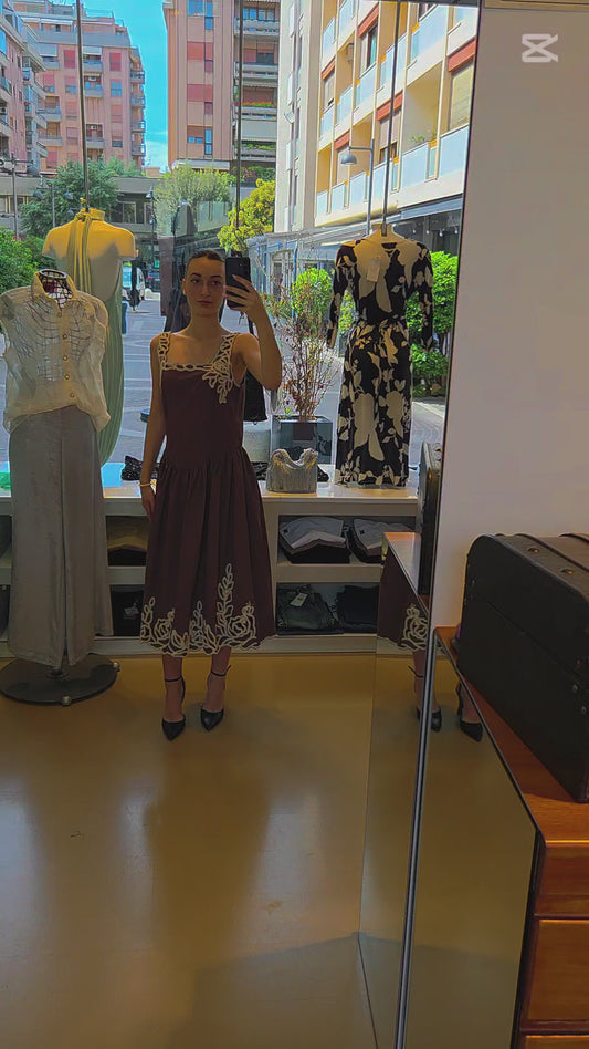Abito Midi in Viscosa e Lino con Ricami Macramè