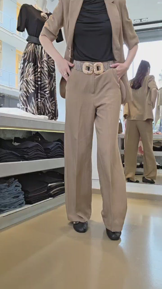 Pantalone Fluido in Viscosa e Lino - Verde scuro, Cammello
