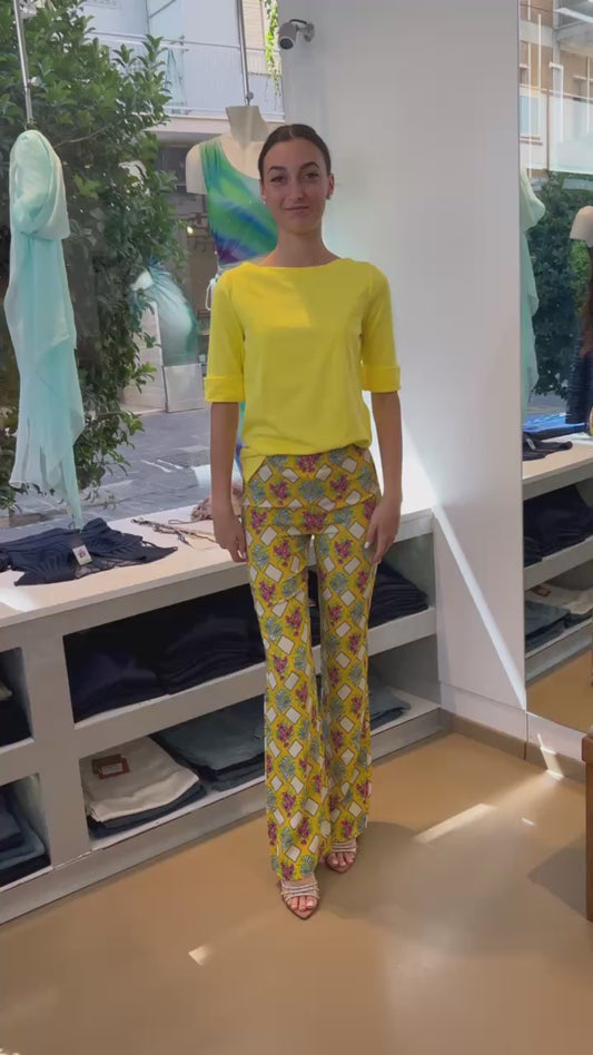 Pantalone Flare a Palazzo in Fantasia Geometrica – Giallo