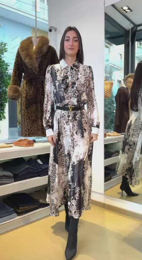 Abito Chemisier in Chiffon e Raso con Stampa Baroque-Leopard