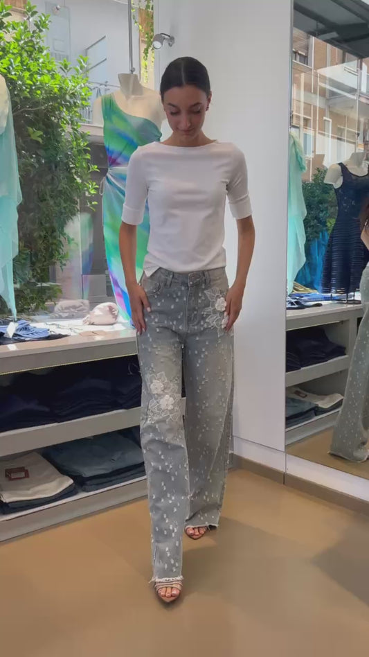 Jeans Denim Wide-Leg con Applicazioni Floreali