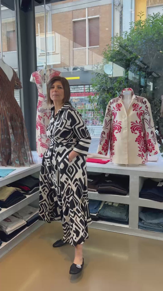 Abito Chemisier in Stampa Geometrica - Beige e Nero