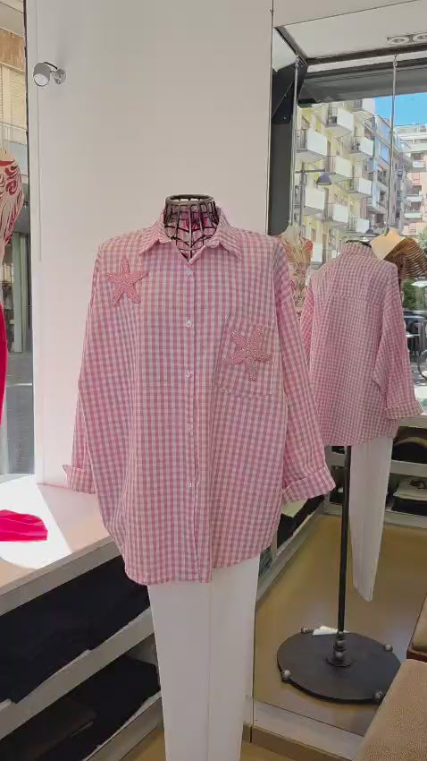 Camicia Oversize Vichy con Patch "Stelle Marine" – Rosa/Bianco