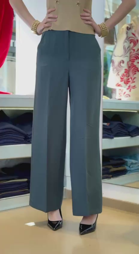 Pantalone Fluido in Viscosa e Lino - Verde scuro, Cammello