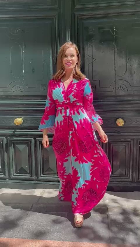 Abito lungo in maglina fucsia e turchese