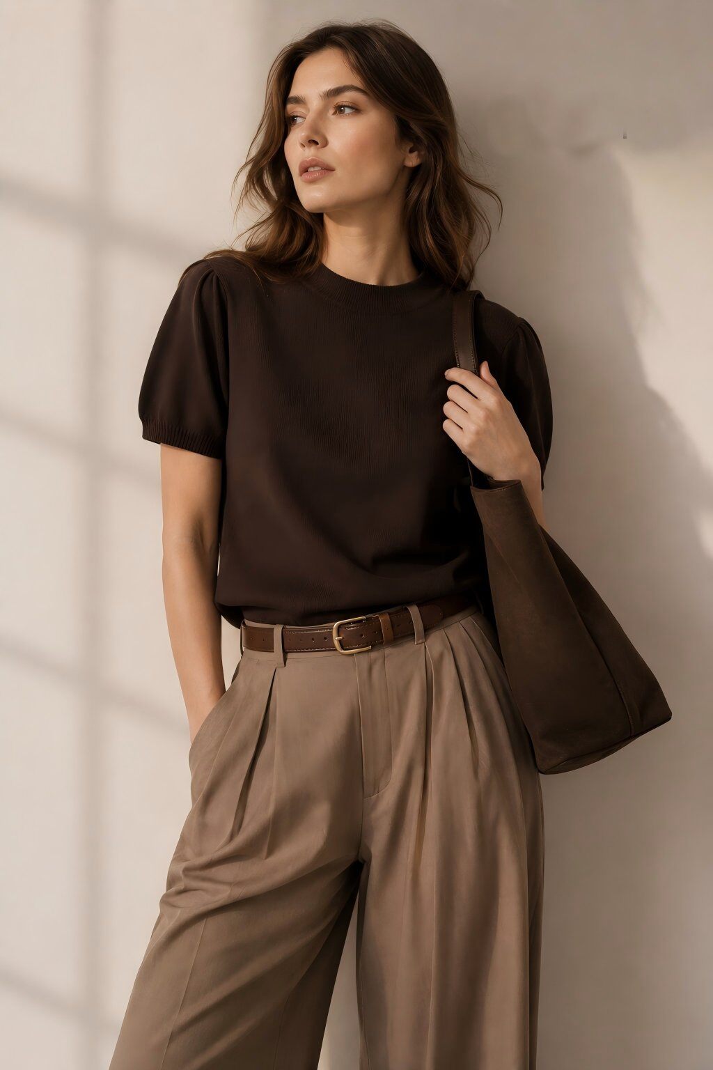 Maglia Aderente a maniche Corte con Maniche a Sbuffo - Nera, Marrone, Bordeaux