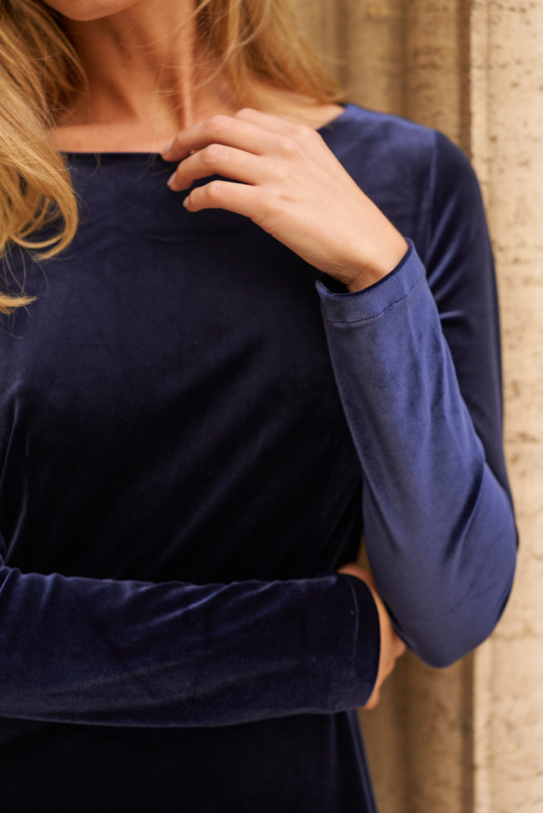 Abito Midi in Velluto Liscio con Scollo a Barchetta e Maniche Lunghe - Verde Bottiglia, Nero, Blu