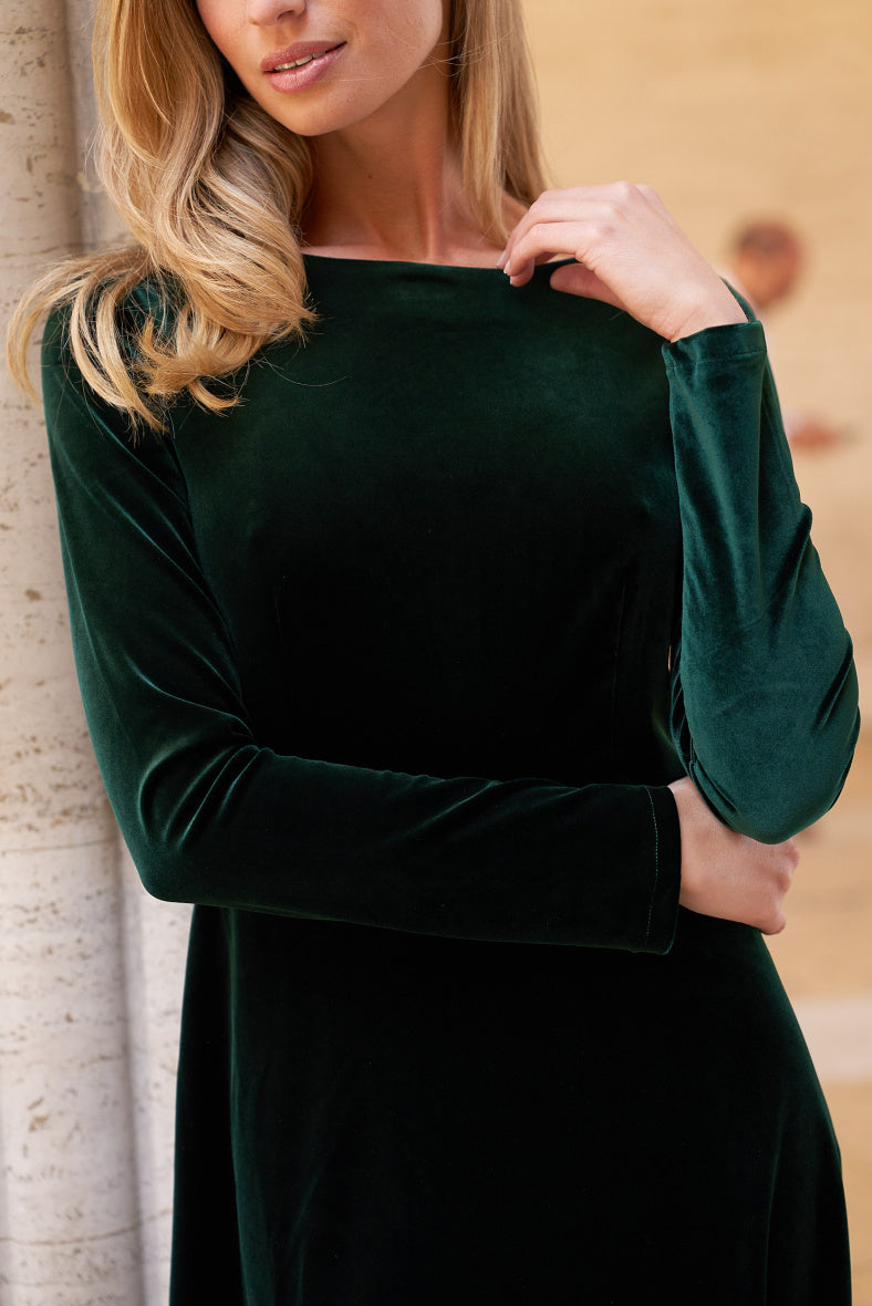 Abito Midi in Velluto Liscio con Scollo a Barchetta e Maniche Lunghe - Verde Bottiglia, Nero, Blu