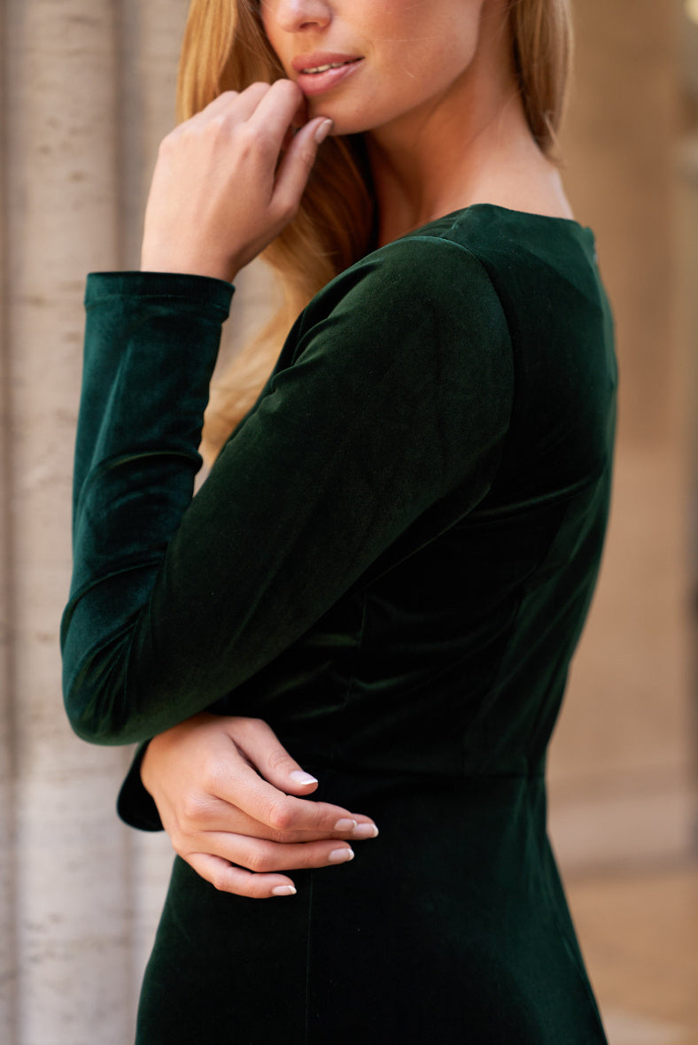 Abito Midi in Velluto Liscio con Scollo a Barchetta e Maniche Lunghe - Verde Bottiglia, Nero, Blu