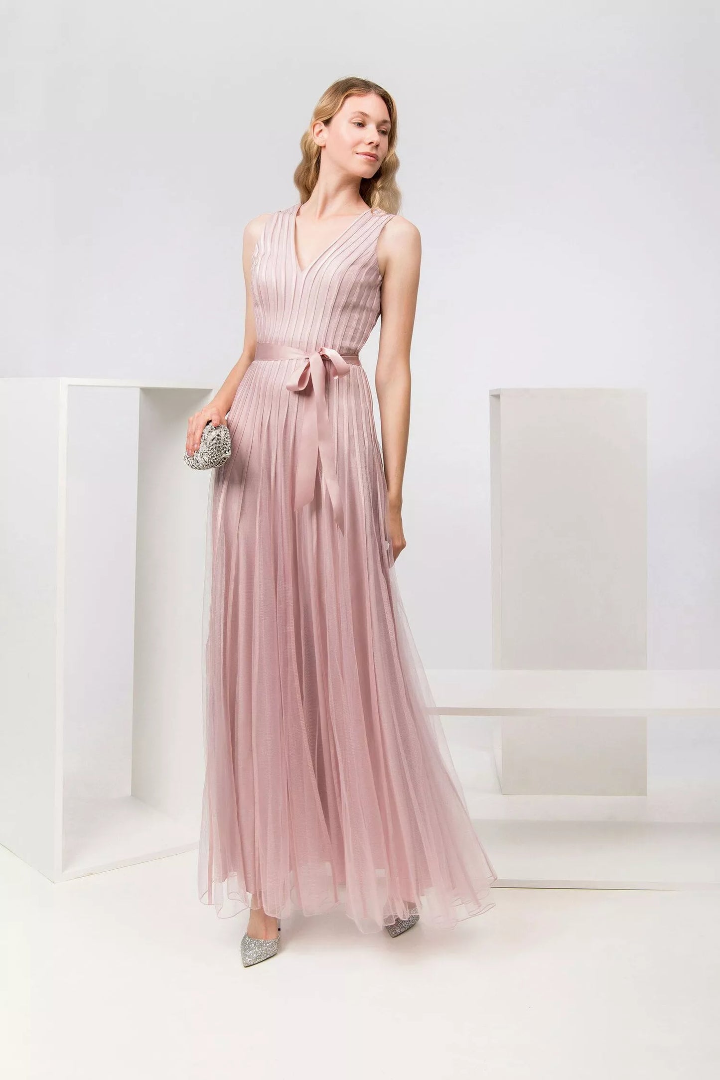 Long pink tulle and satin dress