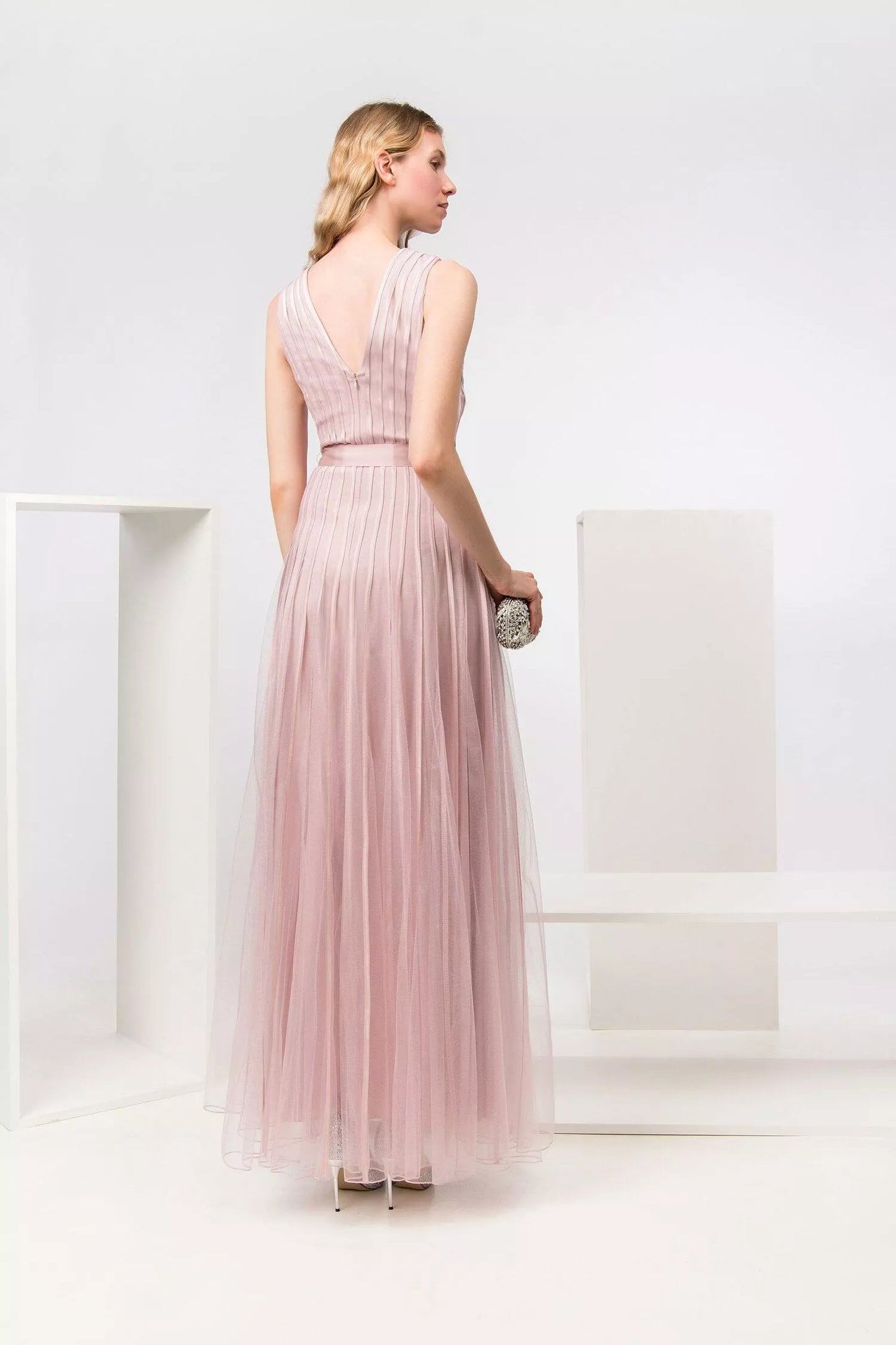 Long pink tulle and satin dress