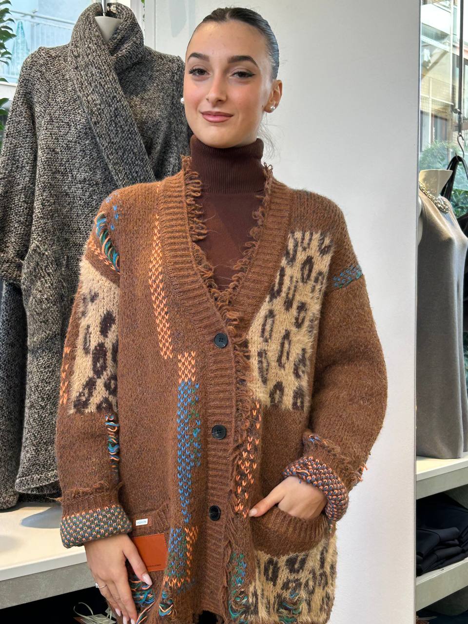 Cardigan in Maglia Patchwork Oversize - Verde, Marrone