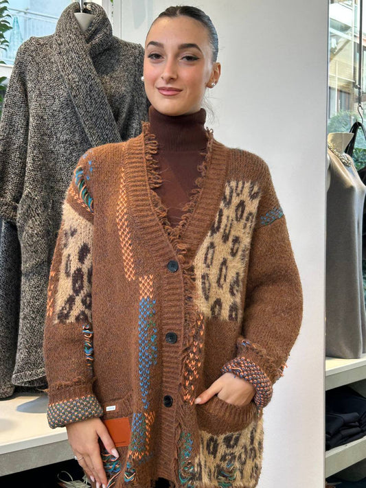 Cardigan in Maglia Patchwork Oversize - Verde, Marrone