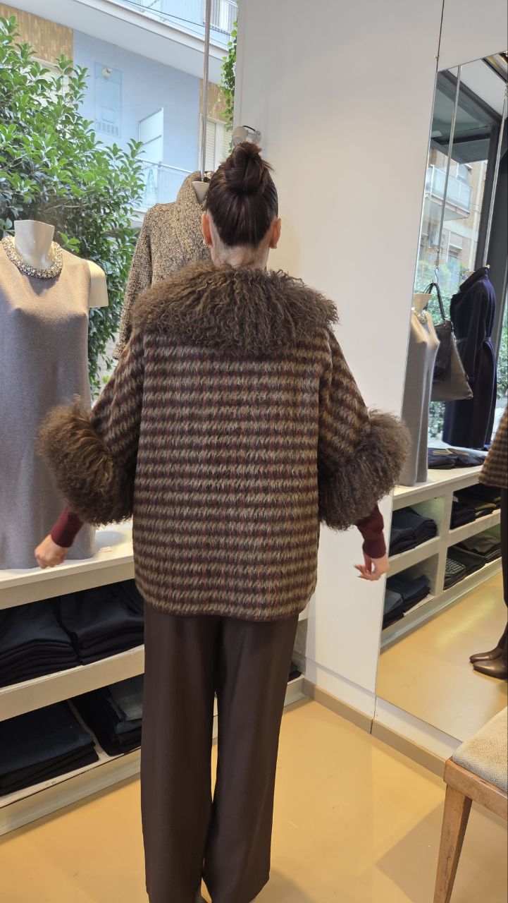 Giacca a Mantella in Mohair con Dettagli Staccabili in Mongolia - Celeste Polvere, Bordeaux