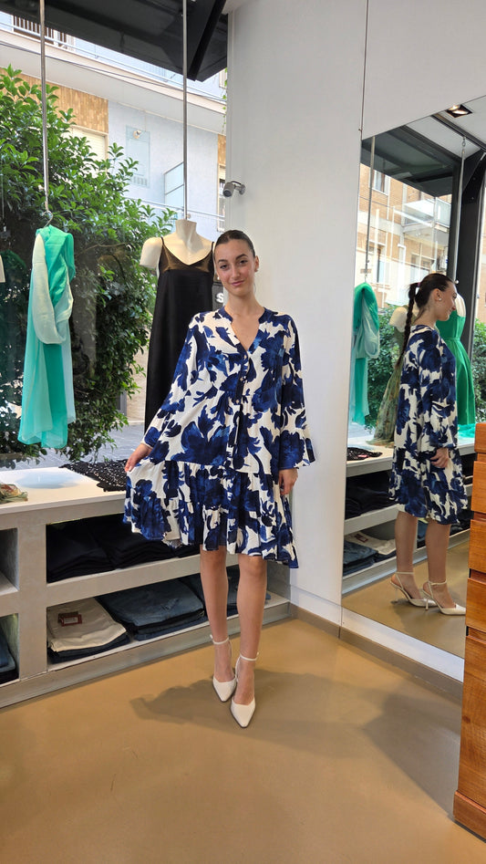 Abito Ampio a Balze - Stampa Floreale Blu e Bluette