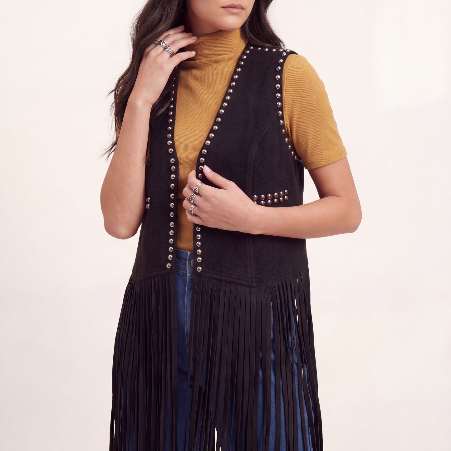Gilet con Frange e Borchiette - Marrone, Nero